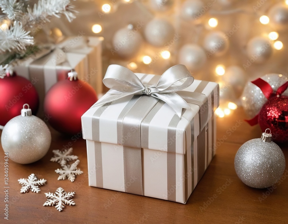 A beautifully wrapped gift box adorned with a silver ribbon, surrounded by festive ornaments and decorations. A beautifully wrapped gift box adorned with a silver ribbon, surrounded by festive ornaments and decorations.
