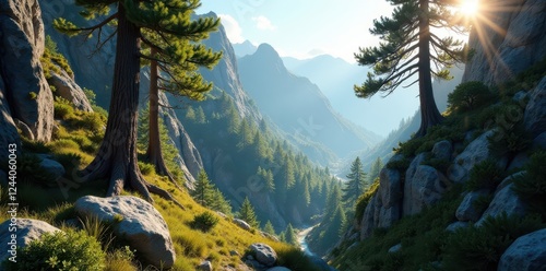 Ancient pines cling to steep, rocky slopes, sunlight dappling through needles , woods, tranquility photo