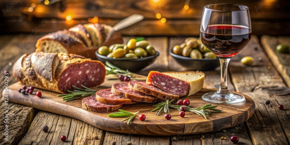 Rustic wooden board with sliced cured sausage, crusty bread, olives, and a glass of red wine. Rustic wooden board with sliced cured sausage, crusty bread, olives, and a glass of red wine.
