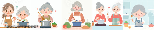happy senior people vector set cooking