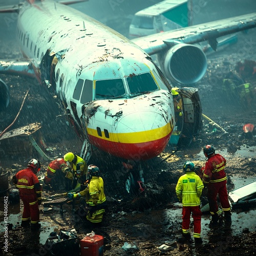 Emergency responders at wrecked airplane, debris field, rescue operation
