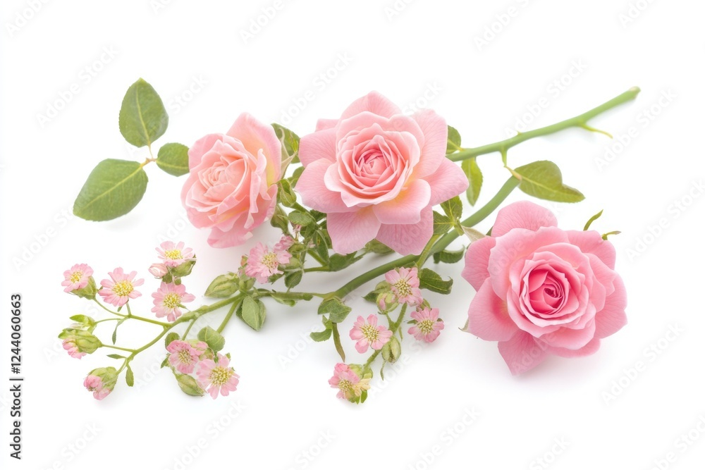 A bouquet of pink roses arranged on a white background, great for decorative or editorial use A bouquet of pink roses arranged on a white background, great for decorative or editorial use