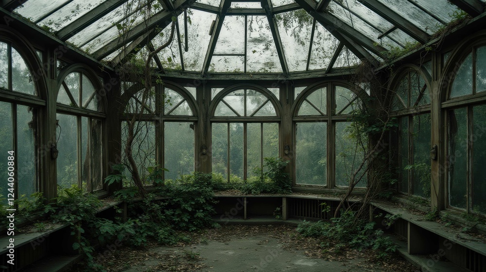 Abandoned Glasshouse Surrounded by Overgrown Nature and Foliage Abandoned Glasshouse Surrounded by Overgrown Nature and Foliage