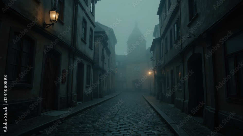 Foggy Cobblestone Street in an Old European Village at Dusk Foggy Cobblestone Street in an Old European Village at Dusk