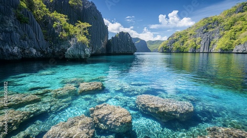 Tropical lagoon, clear water, rocks, island,  sunshine,  calm, travel brochure