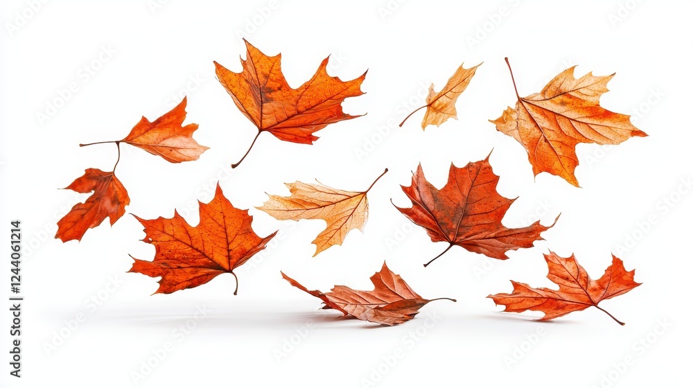 Vibrant orange and brown autumn leaves gracefully float in the air, capturing the essence of fall. Vibrant orange and brown autumn leaves gracefully float in the air, capturing the essence of fall.