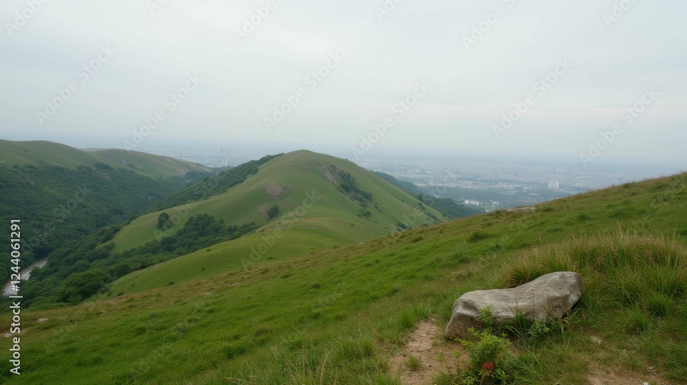 Serene Rolling Hills with Misty Sky and Lush Green Landscape Serene Rolling Hills with Misty Sky and Lush Green Landscape