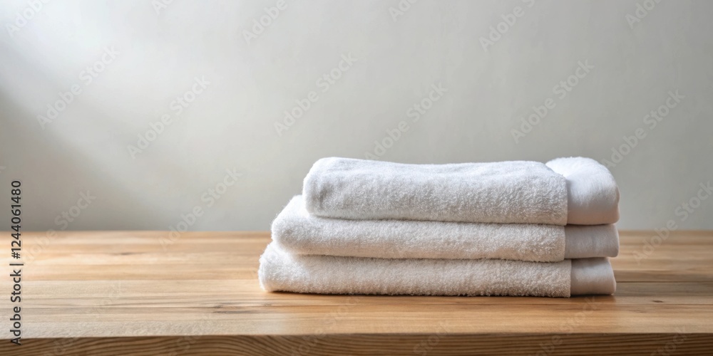 Stack of Fresh Clean White Bath Towels on Wooden Table Stack of Fresh Clean White Bath Towels on Wooden Table