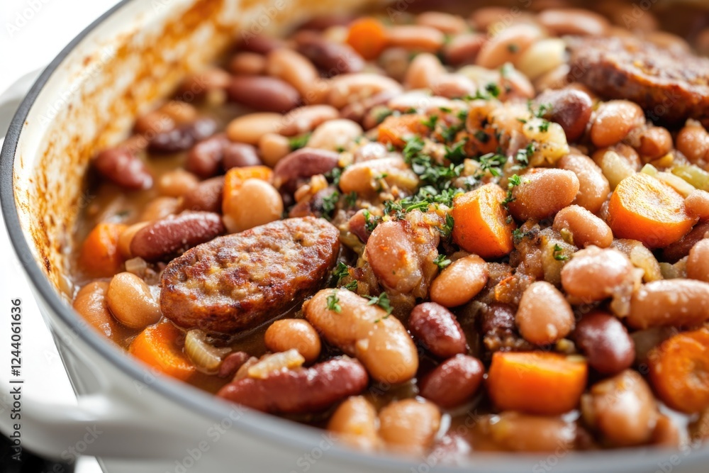 A pot filled with cooked beans and sausage, ready to be served A pot filled with cooked beans and sausage, ready to be served