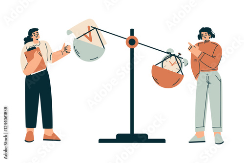 Time Management with Woman Character with Clock on Scales Organizing Efficient Business Process Vector Illustration