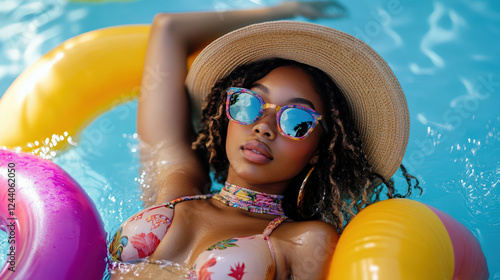 Young Woman Relaxing in Colorful Pool with Inflatable Rings Under Bright Sunlight