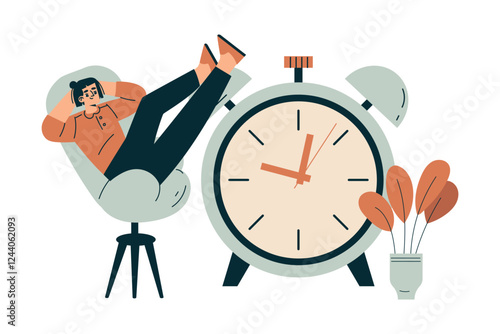 Time Management with Man Character Relax on Chair with Clock Organizing Efficient Business Process Vector Illustration