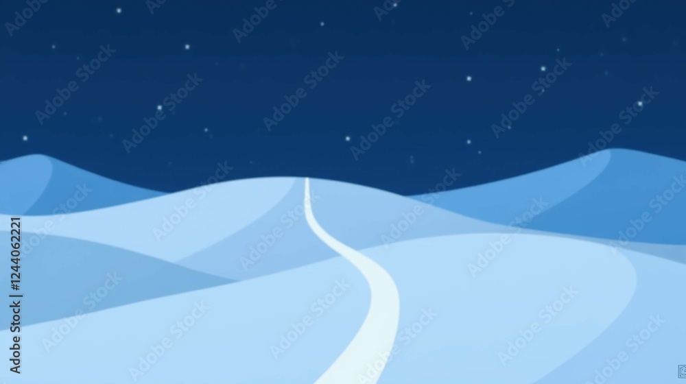 Peaceful Snowy Landscape with Gentle Curved Path at Night Sky Peaceful Snowy Landscape with Gentle Curved Path at Night Sky