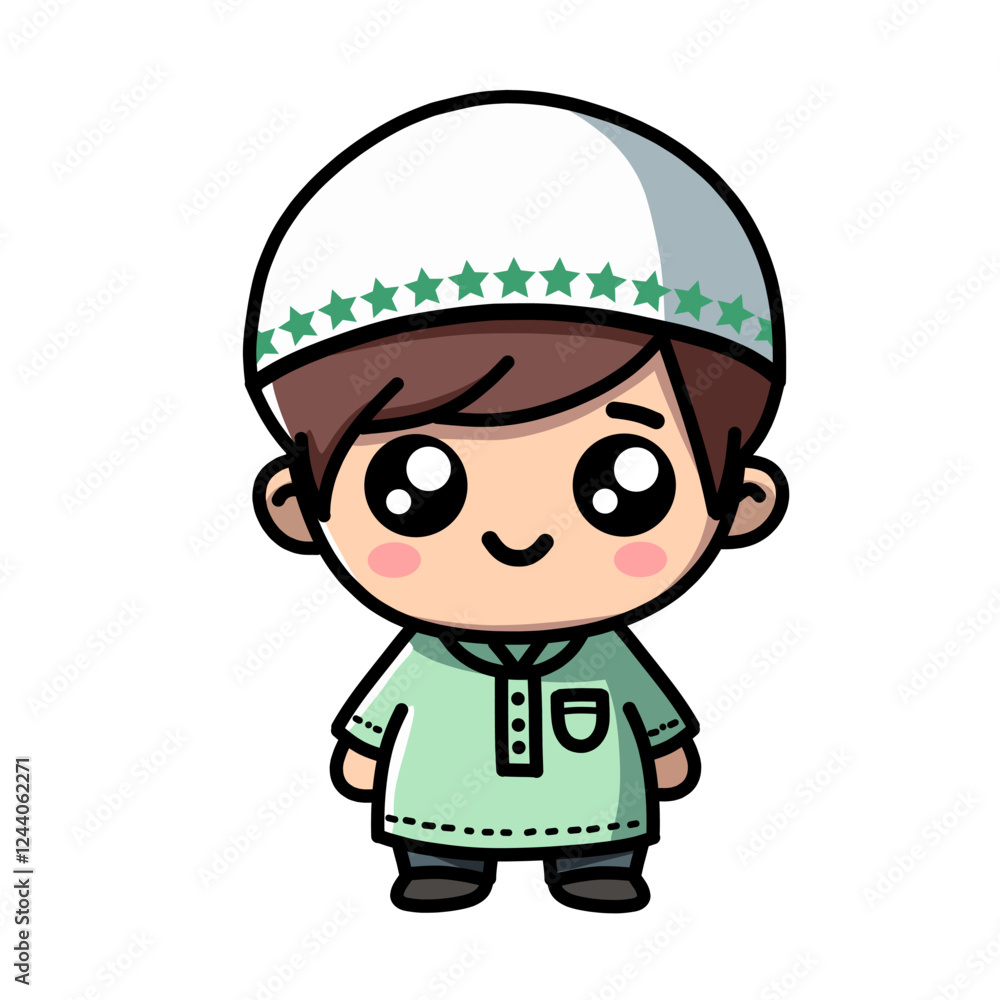 Cute Cartoon Boy in Green Traditional Islamic Attire Clip Art Illustration Cute Cartoon Boy in Green Traditional Islamic Attire Clip Art Illustration