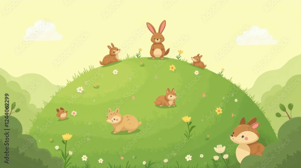 Obraz premium Cute Animals on Green Hill with Flowers in a Pastel Color Palette