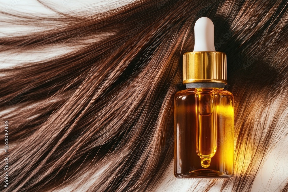 Naklejka premium A close-up shot of a bottle of hair oil, useful for beauty and cosmetic product-related images