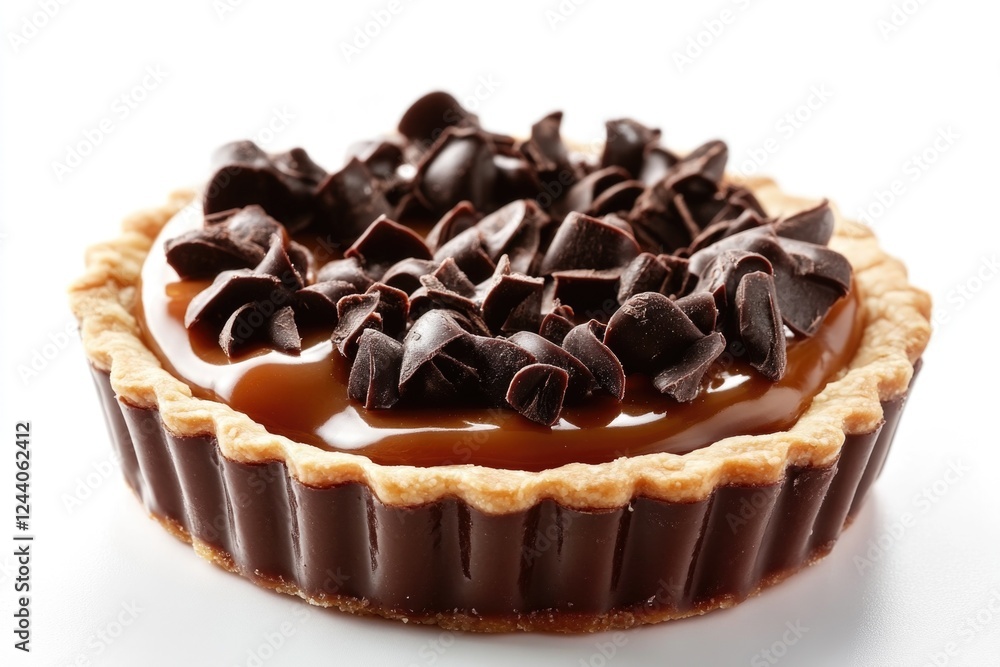A delicious-looking chocolate tart topped with melted caramel and chocolate chips, perfect for food photography or as a dessert inspiration