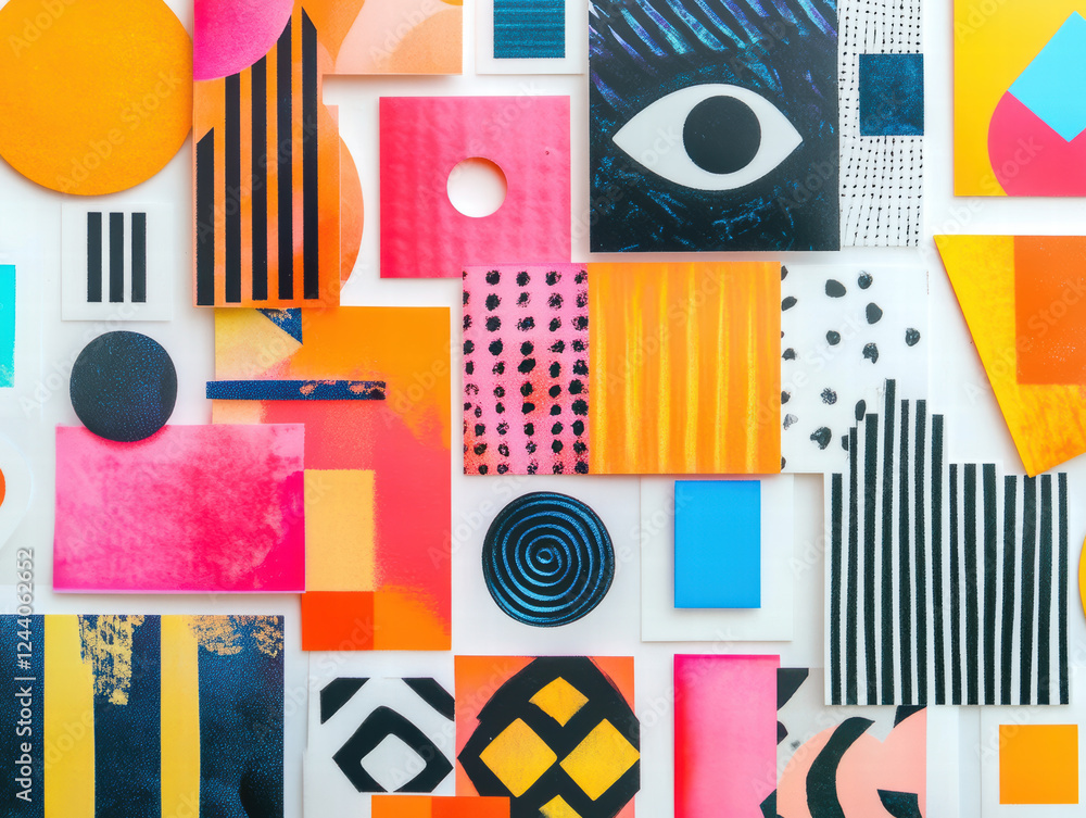 Colorful abstract patterns and shapes in vibrant hues of orange, pink, black, and blue create lively collage. This diverse collection showcases various designs and textures Colorful abstract patterns and shapes in vibrant hues of orange, pink, black, and blue create lively collage. This diverse collection showcases various designs and textures