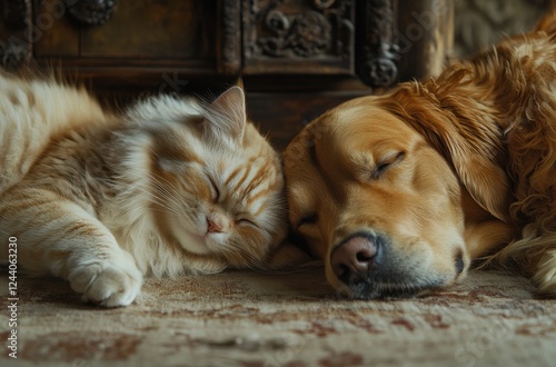 Wallpaper Mural Adorable Golden Retriever and Fluffy Cat Sleeping Together in Cozy Home Setting on Soft Carpet, Perfect for Pet Lovers and Animal Photography Torontodigital.ca