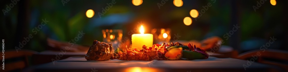 A single candle provides warm light on a dinner table A single candle provides warm light on a dinner table