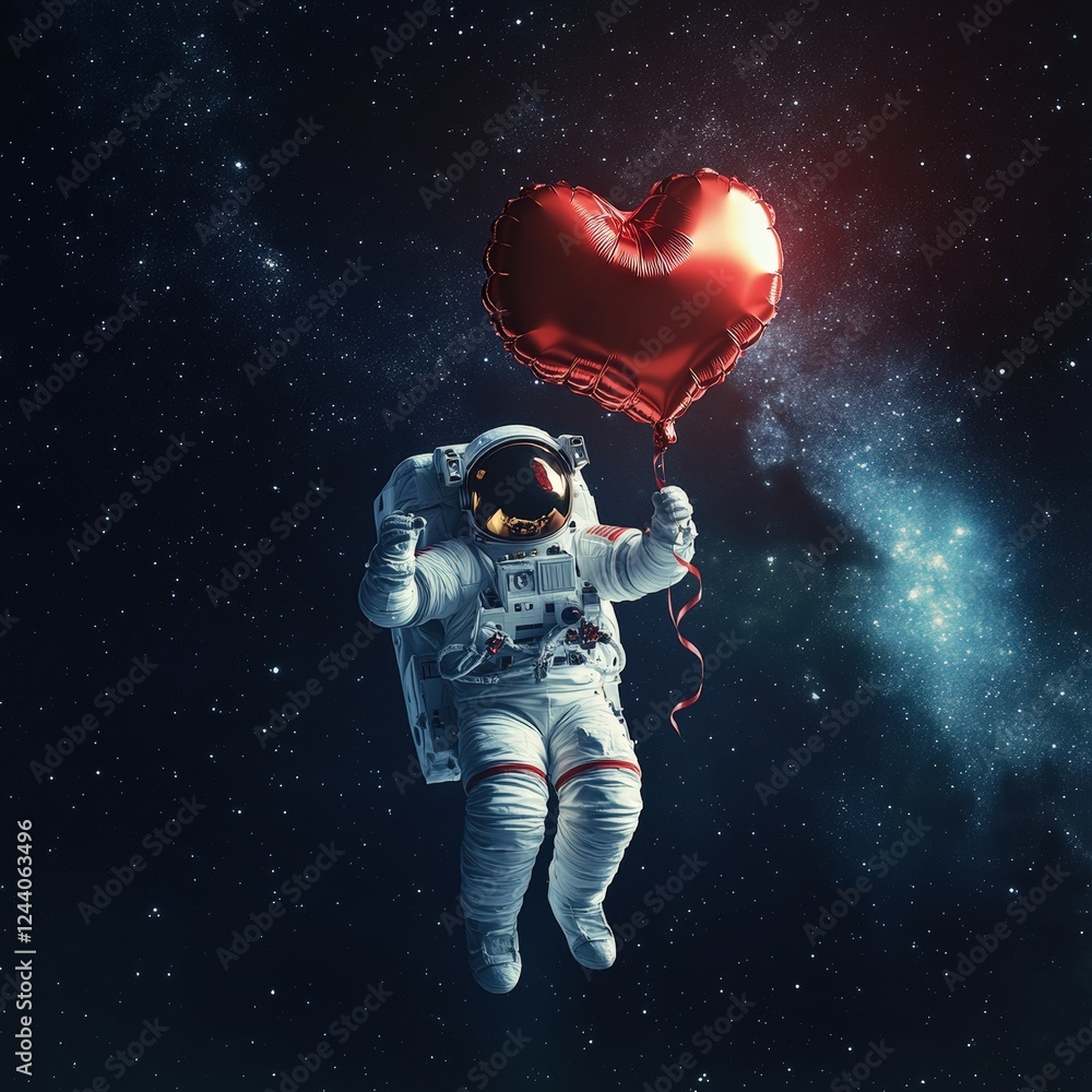Fototapeta premium A floating astronaut holds a heart-shaped balloon in a majestic starry backdrop, symbolizing cosmic love.
