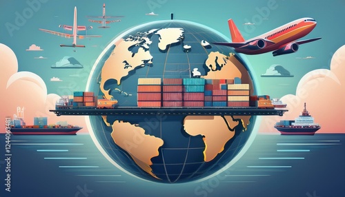 컨테이너 선박, 화물 비행기, 철도 물류가 함께 배치된 무역 지구본