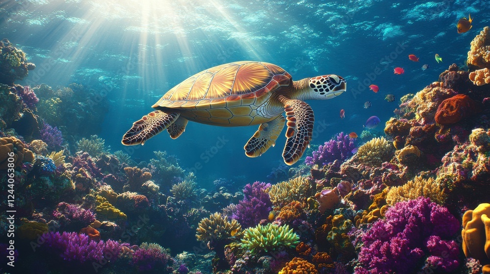 A vibrant sea turtle swims gracefully through a colorful coral reef, illuminated by sun rays filtering through clear ocean waters. A vibrant sea turtle swims gracefully through a colorful coral reef, illuminated by sun rays filtering through clear ocean waters.