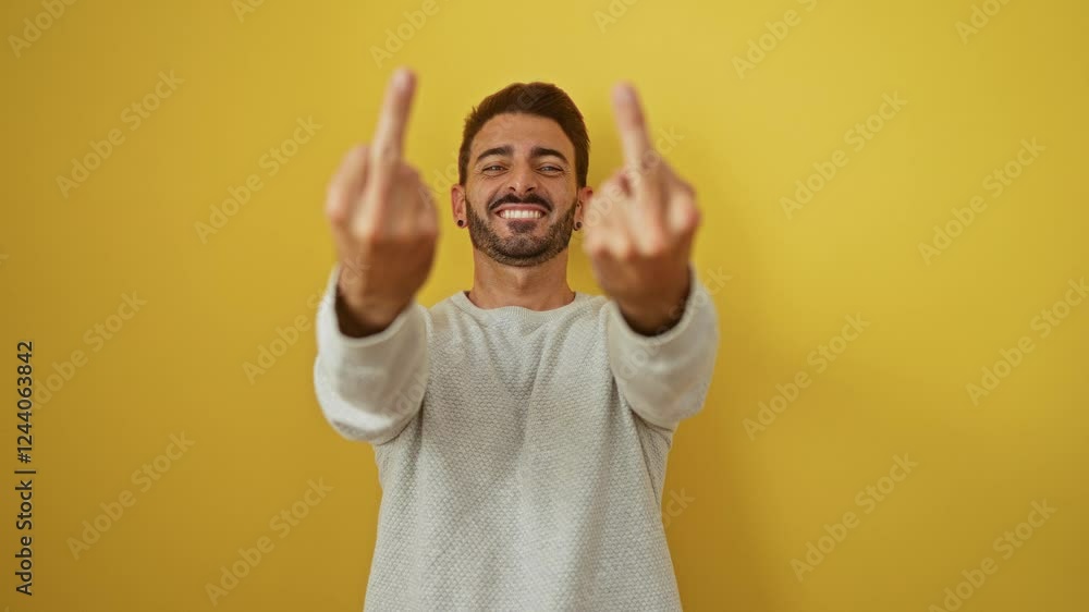 Hispanic man smiling against yellow background showing offensive gesture with both hands in casual white sweater expressing humor and rebellious attitude in a portrait setting Hispanic man smiling against yellow background showing offensive gesture with both hands in casual white sweater expressing humor and rebellious attitude in a portrait setting