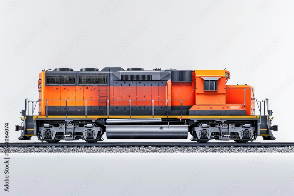 A side view of a brightly colored diesel locomotive, showcasing its detailed construction, Ideal for transportation, engineering discussions, or railway-themed projects, A side view of a brightly colored diesel locomotive, showcasing its detailed construction, Ideal for transportation, engineering discussions, or railway-themed projects,