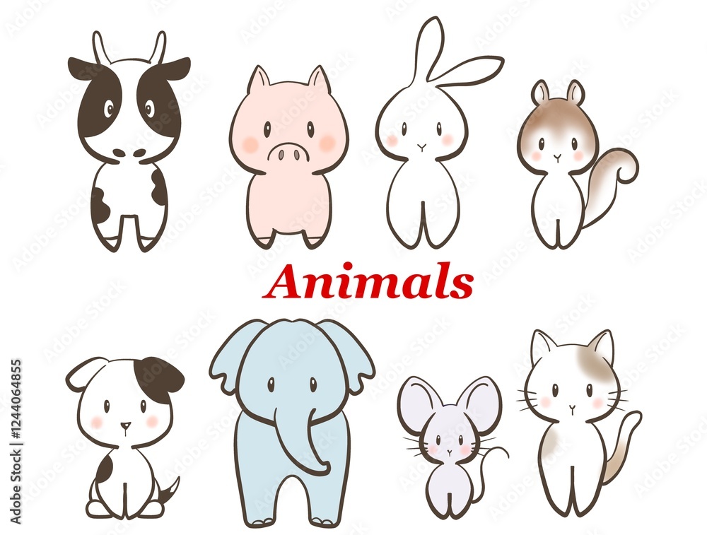 Obraz premium かわいい動物たちの手描きイラストセット
