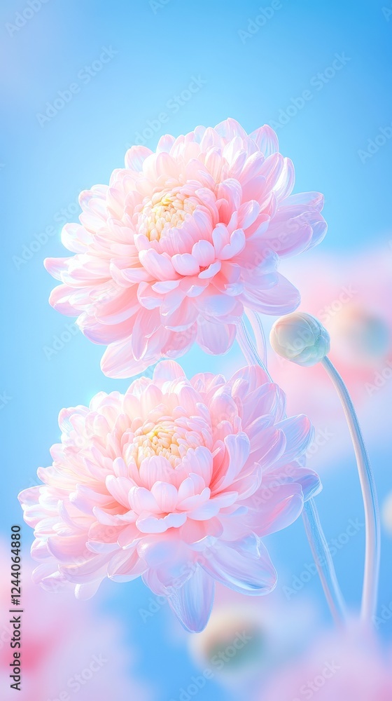 Fototapeta premium A serene close-up of pink flowers against a soft blue background, perfect for nature-themed design projects, greeting cards, or wellness materials, conveying beauty and tranquility,