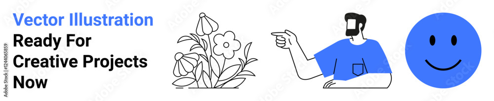 Fototapeta premium Cartoon man gesturing at blooming flowers, accompanied by a smiling blue face. Ideal for education, creativity, environment, teamwork, positive thinking, visual branding, flat landing page banner