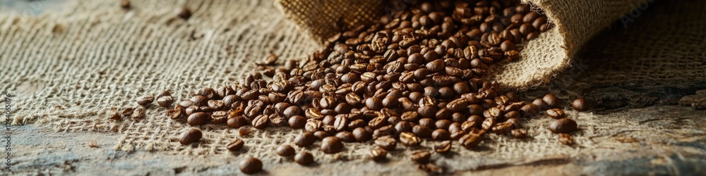 A bag of coffee beans has spilled open on a surface, with individual beans scattered around A bag of coffee beans has spilled open on a surface, with individual beans scattered around
