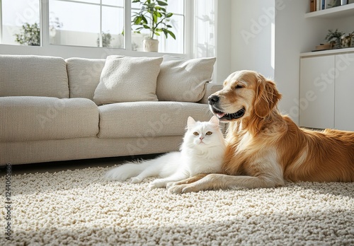 Wallpaper Mural Adorable golden retriever relaxing with fluffy white cat on cozy carpet in modern living room filled with natural light and stylish furniture Torontodigital.ca