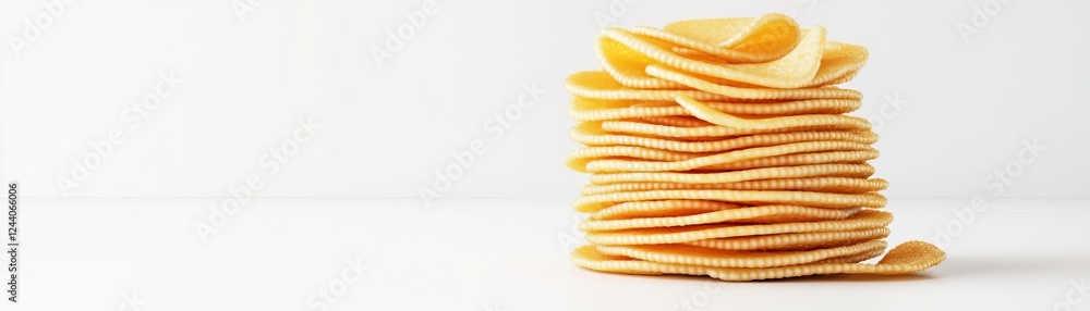 A stack of crispy pasta chips, Italian snack, creative 3D design, golden textures, isolated on white background A stack of crispy pasta chips, Italian snack, creative 3D design, golden textures, isolated on white background