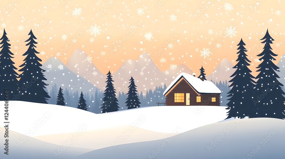 Cozy Winter Cabin Amidst Snowy Trees and Mountains at Dusk Cozy Winter Cabin Amidst Snowy Trees and Mountains at Dusk