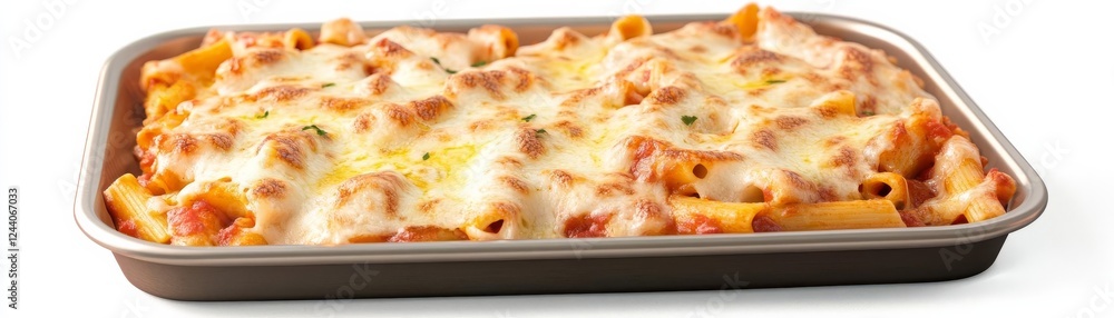A tray of baked ziti with melted cheese, comforting classic, lifelike 3D render, golden crust, isolated on white background A tray of baked ziti with melted cheese, comforting classic, lifelike 3D render, golden crust, isolated on white background