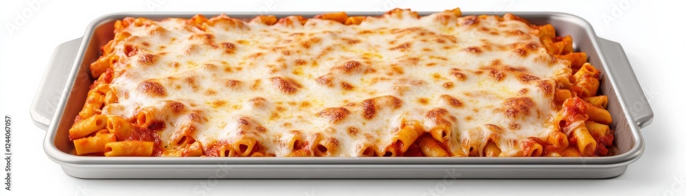 A tray of baked ziti with melted cheese, comforting classic, lifelike 3D render, golden crust, isolated on white background A tray of baked ziti with melted cheese, comforting classic, lifelike 3D render, golden crust, isolated on white background