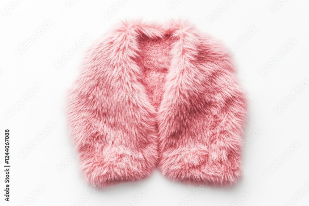 Close-up of a pink furry vest lying on a white surface Close-up of a pink furry vest lying on a white surface