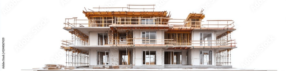 Construction site with scaffolding on top of a tall building, ideal for commercial or architectural use Construction site with scaffolding on top of a tall building, ideal for commercial or architectural use