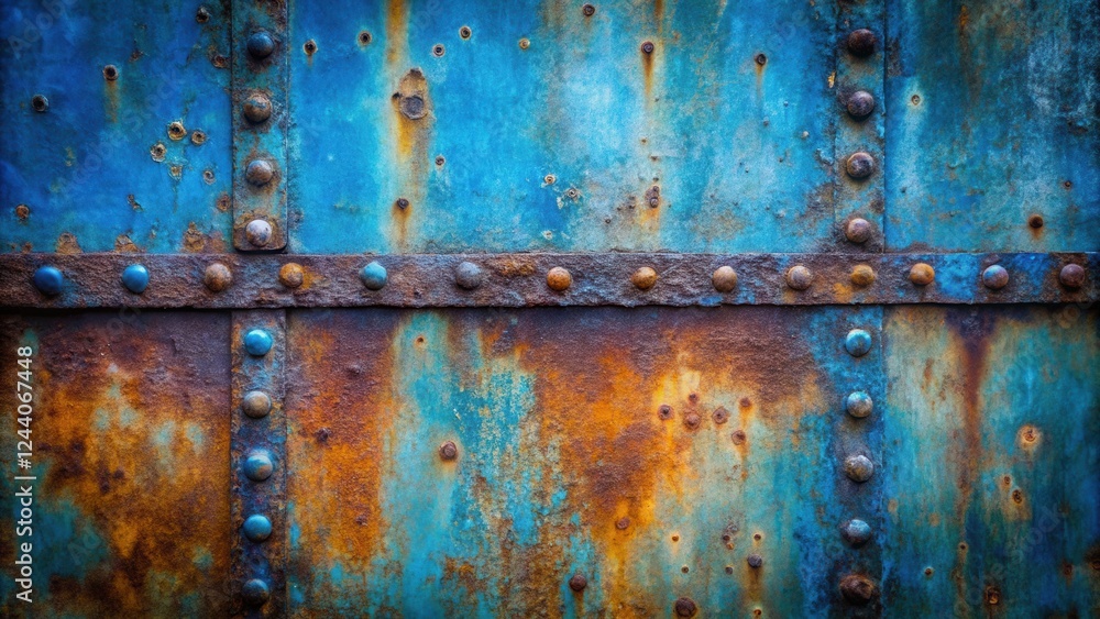 Rustic Blue and Orange Metal Panel with Rivets and Patina Rustic Blue and Orange Metal Panel with Rivets and Patina