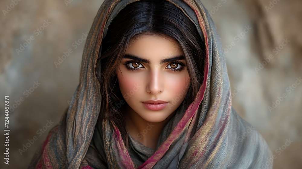 A Young Woman Wearing A Gray And Burgundy Headscarf A Young Woman Wearing A Gray And Burgundy Headscarf