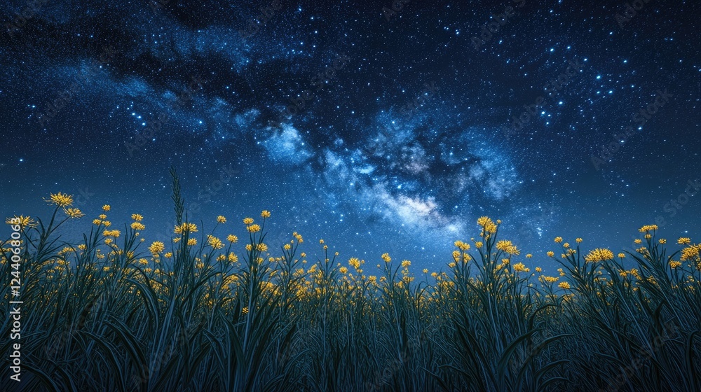A serene meadow with tall prairie grasses and goldenrod under the vast Milky Way-filled night sky A serene meadow with tall prairie grasses and goldenrod under the vast Milky Way-filled night sky