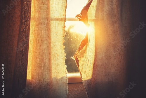 Ripped curtain allowing sunlight to shine through in a quiet room during the evening hours. Generative AI