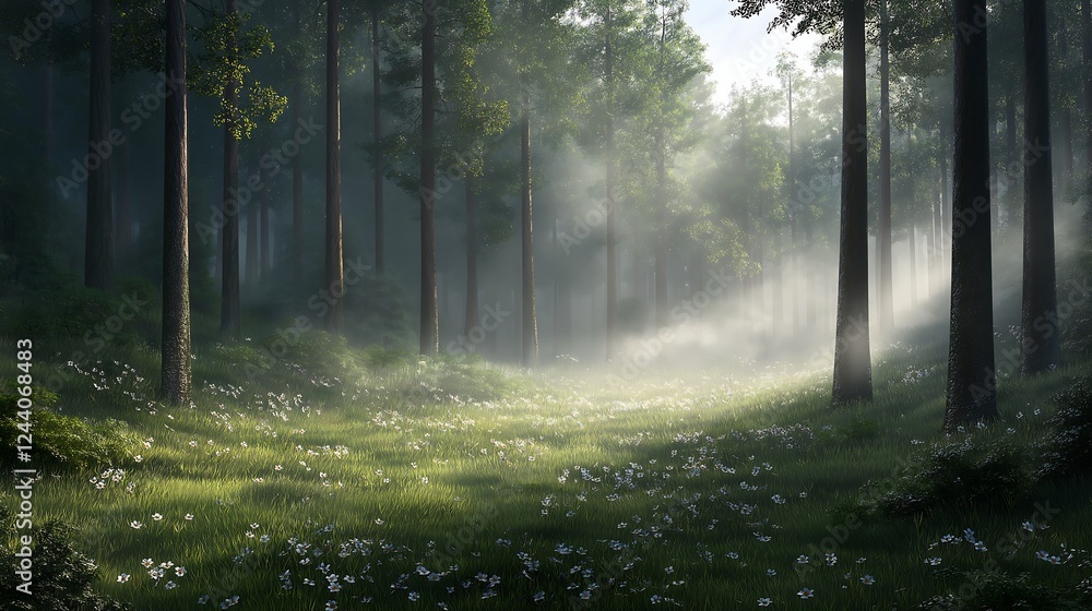 Obraz premium Cinematic photography of a beautiful forest with foggy scene during morning time, spring background.