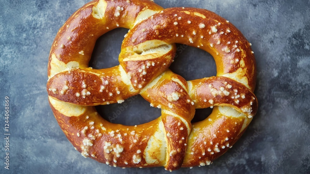 A single pretzel placed on a neutral gray table A single pretzel placed on a neutral gray table