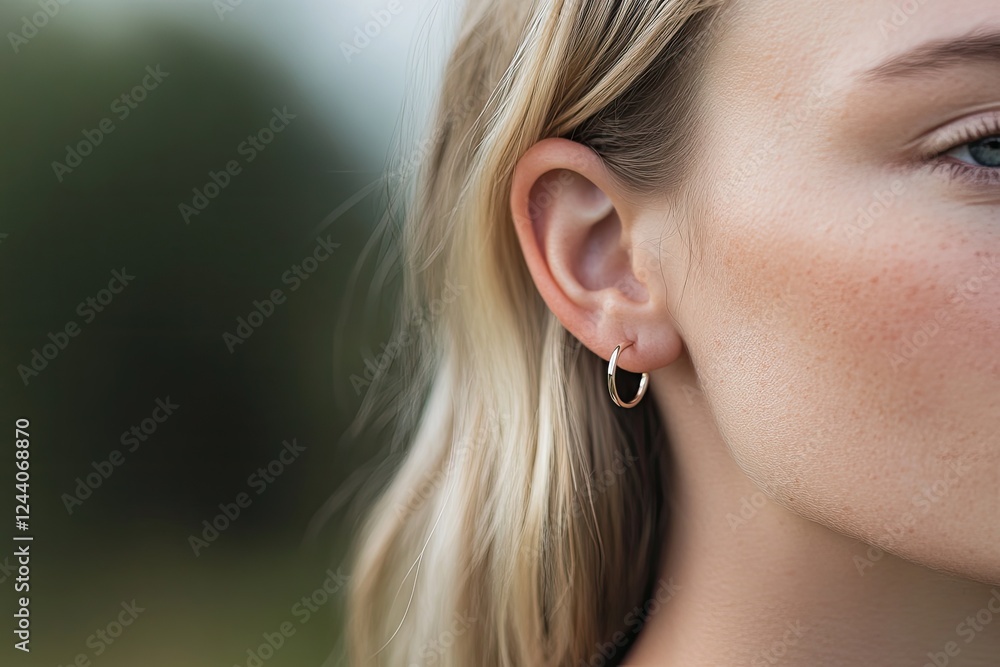 close-up of ear adorned with elegant hoop earrings set against blurred and muted background close-up of ear adorned with elegant hoop earrings set against blurred and muted background