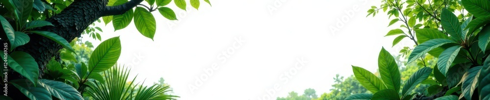 Dense jungle scene with abundant vines & leaves, stark white backdrop , flora, biodiversity Dense jungle scene with abundant vines & leaves, stark white backdrop , flora, biodiversity