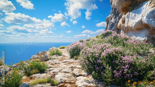 A serene rocky cliffside trail adorned with clusters of wild rosemary and thyme flowers under a vast open blue sky. photo