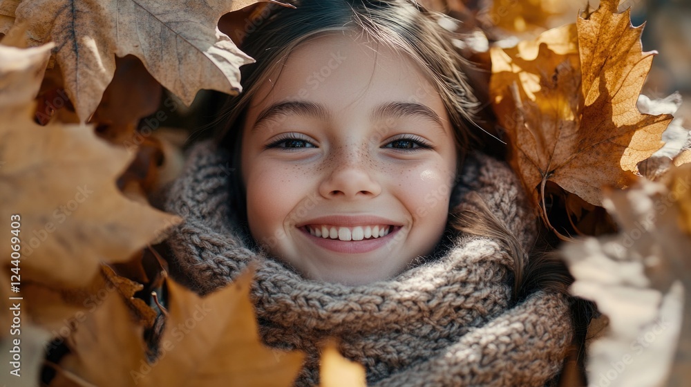 A young girl smiles surrounded by a pile of autumn leaves A young girl smiles surrounded by a pile of autumn leaves